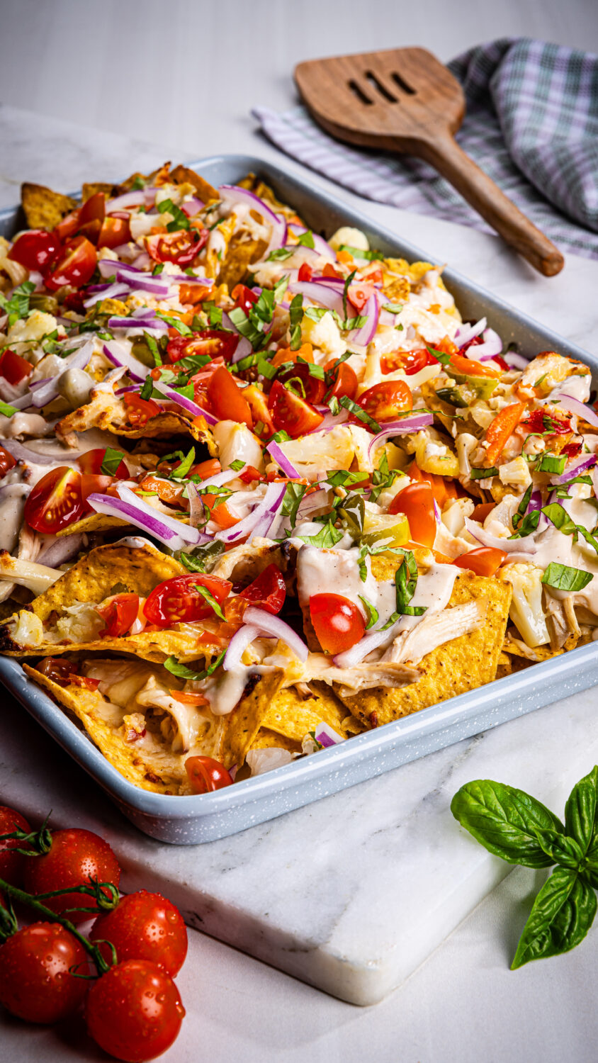 Sheet pan chicken alfredo nachos